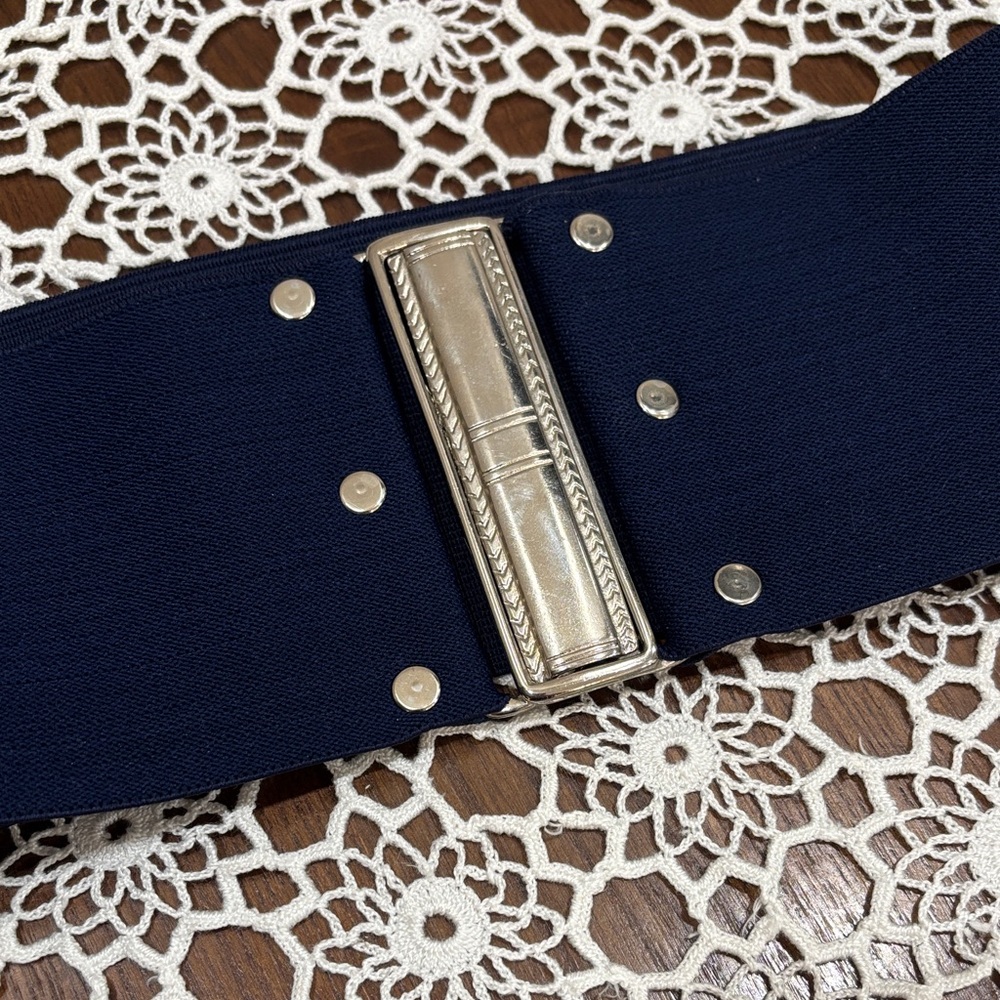 Elegant Navy Blue Belt with Silver Buckle